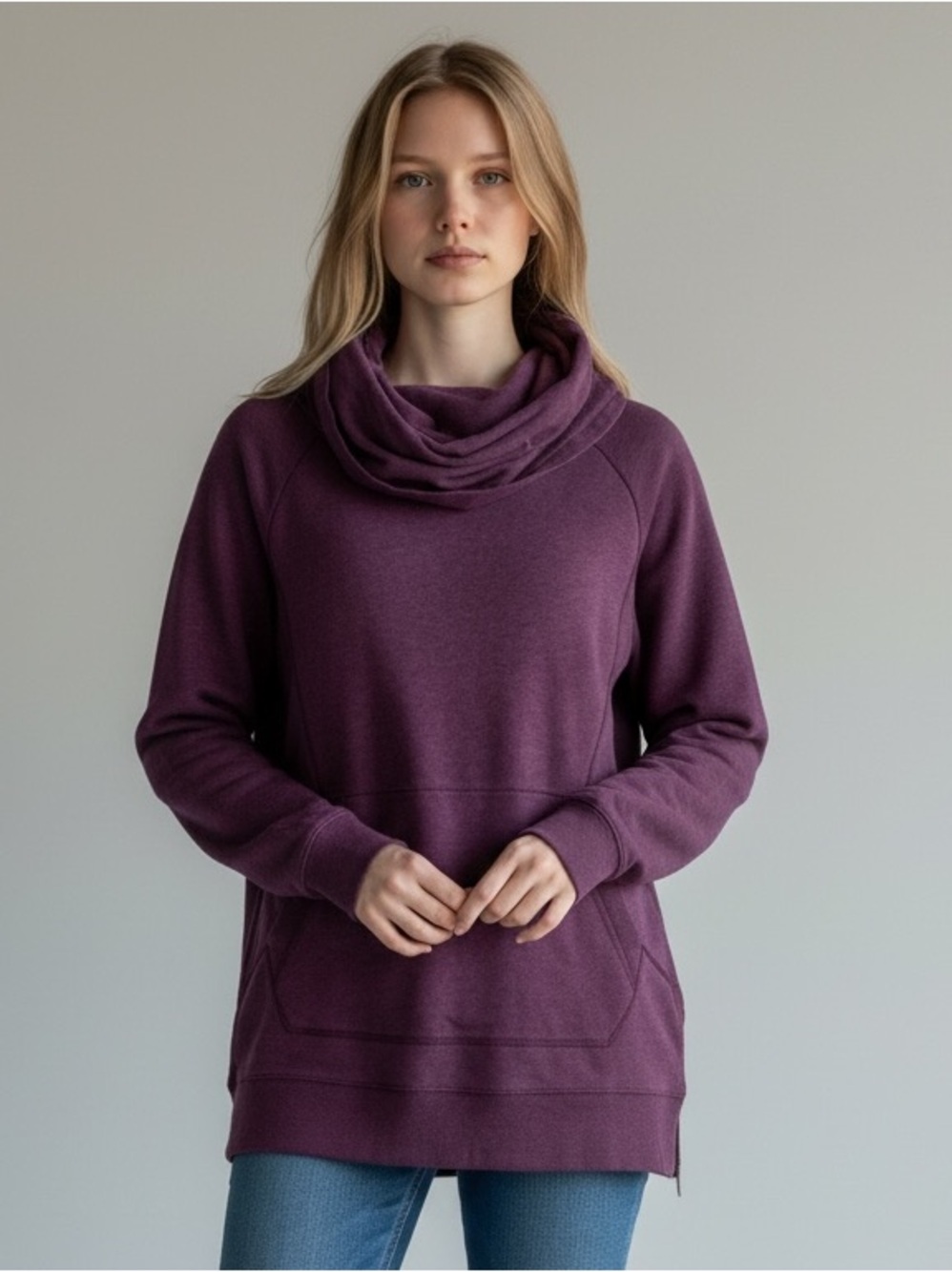 LL Bean Sweatshirt Women M Purple Cotton Stretch Cozy Cowl Neck Sweatshirt READ